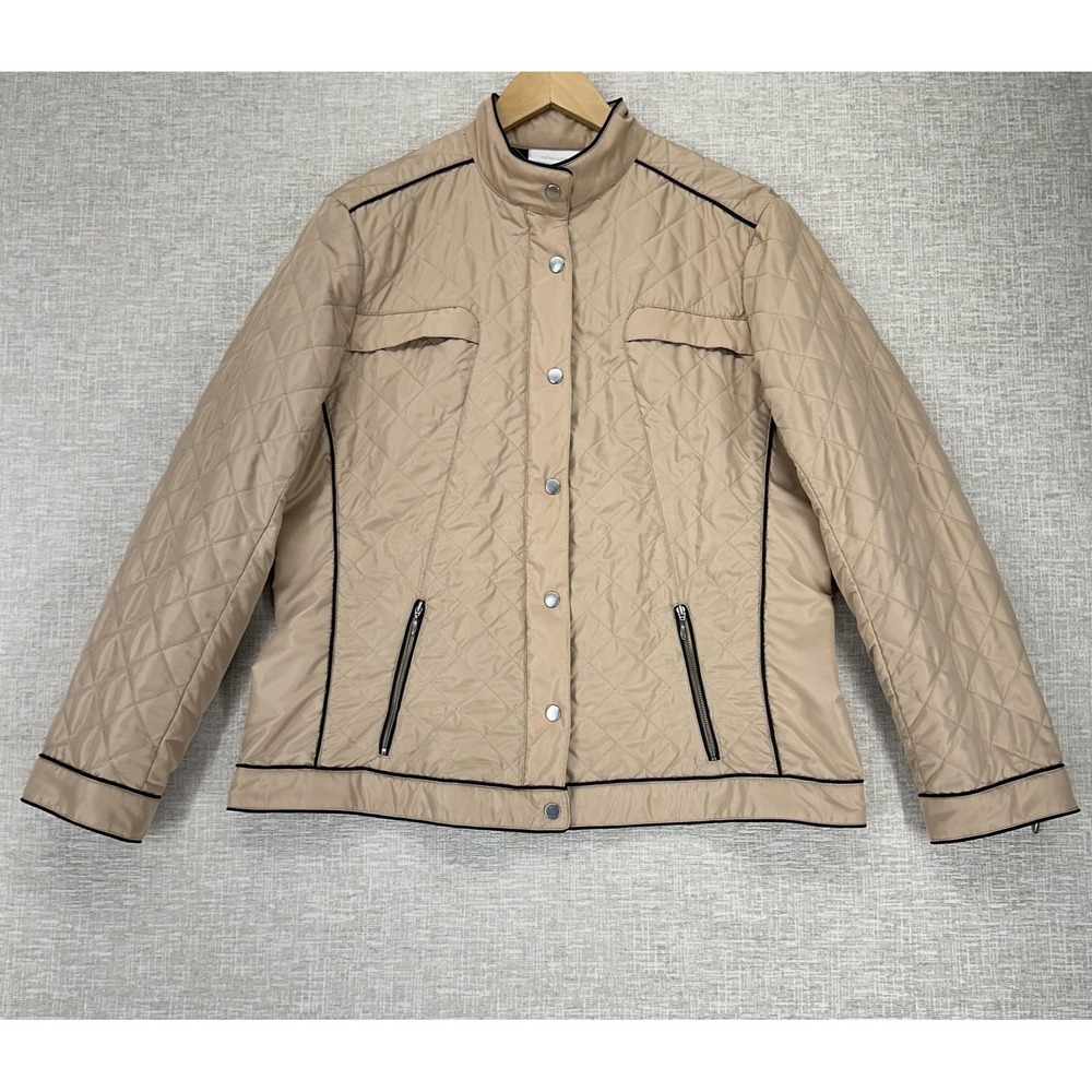 Chicos Jacket Womens‎ 2 (L/12) Tan Quilted Lightweight Black Trim Zip Pockets
